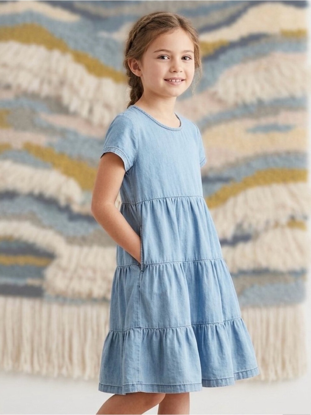 Hanna Andersson Blue Denim Chambray Tiered Short Sleeve Dress Size 8